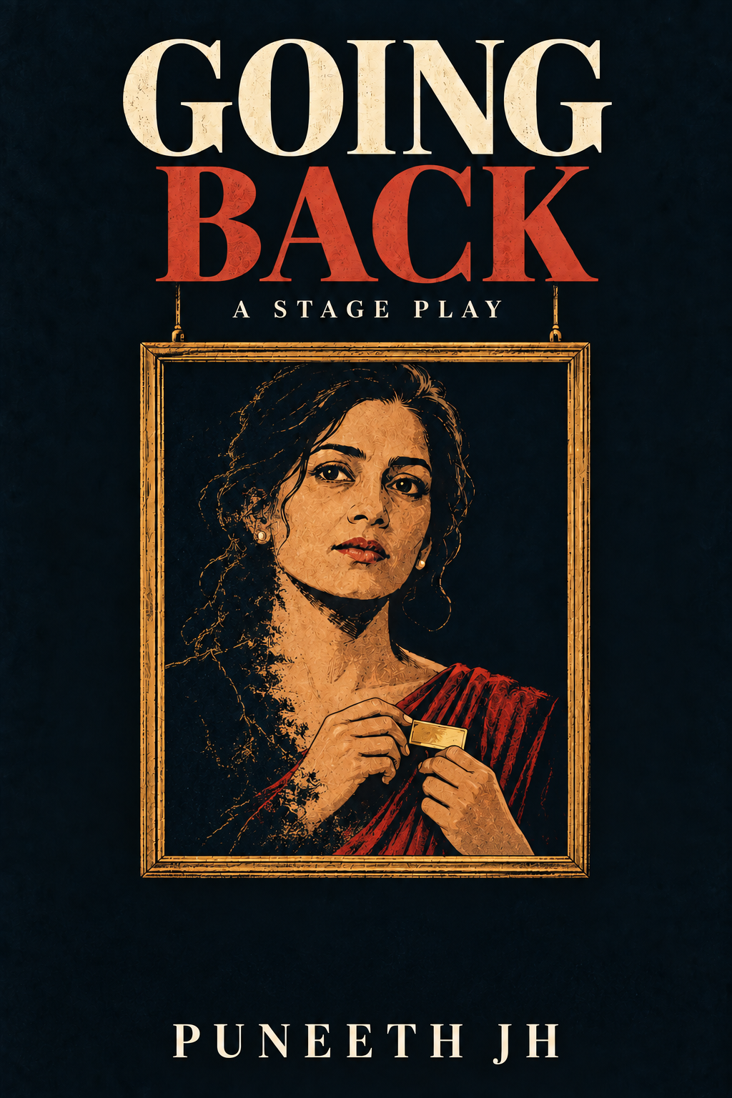 Going Back stage play cover with a woman holding a badge inside a gold picture frame